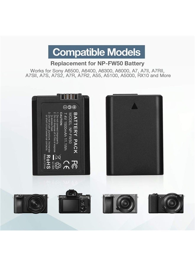NP-FW50 Battery 2 Packs 1500mAh Rechargeable Li-ion Batteries and Dual Charger for Sony A6500, A6400, A6300, A6000, A7, A7II、  - Image 3