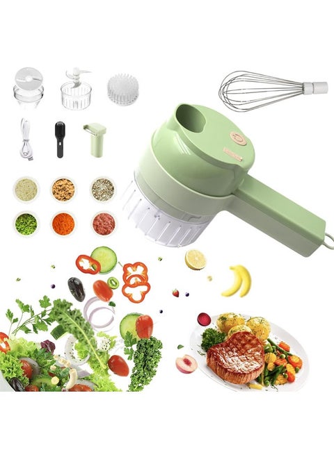 Multi-Functional Portable Wireless Vegetable Processor, Electric 4-in-1 Vegetable Cutter Set, Easy to Charge, for Garlic, Chili, Celery, Meat, with Cleaning Brush, with Egg and Cream Whisk, Green