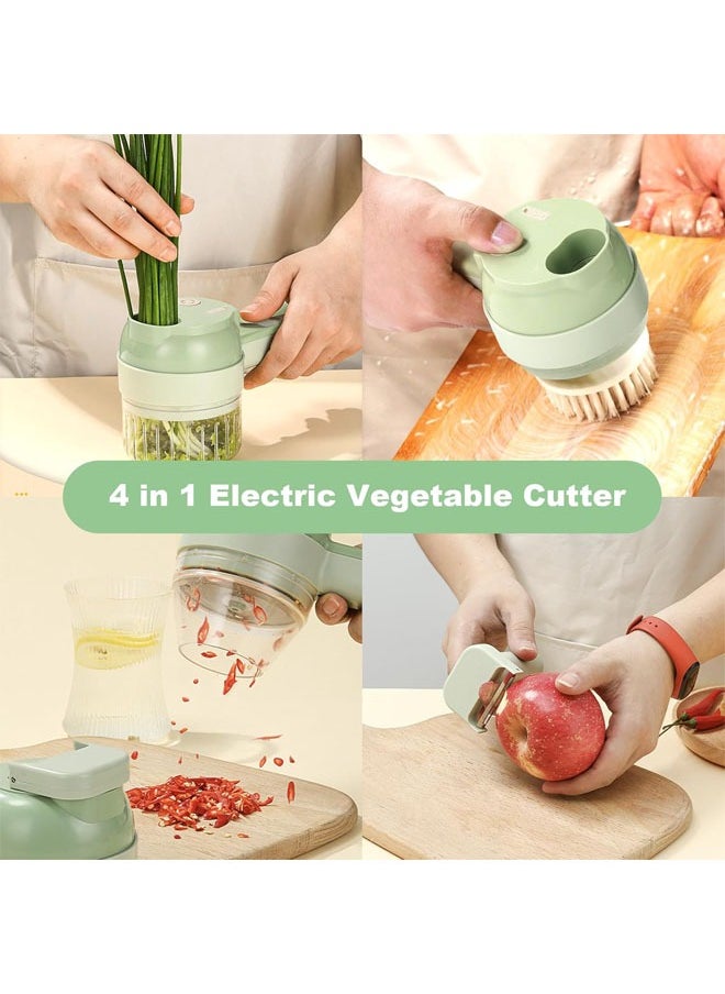 Multi-Functional Portable Wireless Vegetable Processor, Electric 4-in-1 Vegetable Cutter Set, Easy to Charge, for Garlic, Chili, Celery, Meat, with Cleaning Brush, with Egg and Cream Whisk, Green
