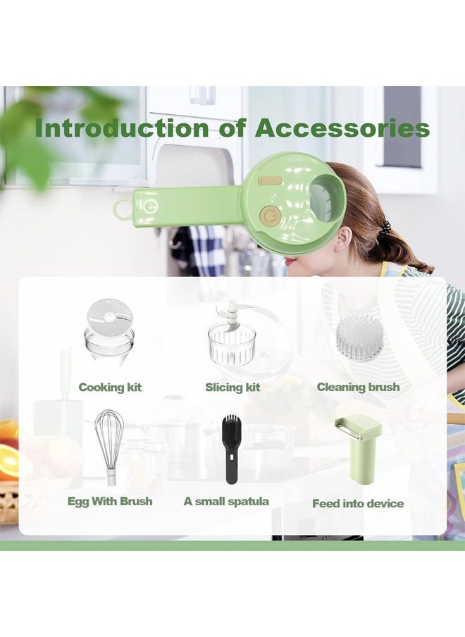 Multi-Functional Portable Wireless Vegetable Processor, Electric 4-in-1 Vegetable Cutter Set, Easy to Charge, for Garlic, Chili, Celery, Meat, with Cleaning Brush, with Egg and Cream Whisk, Green