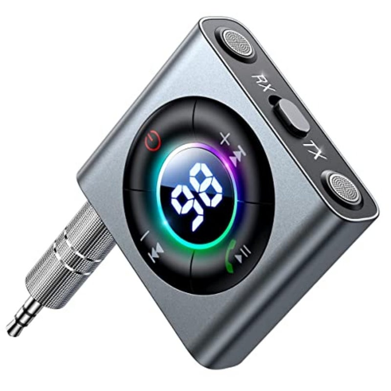 Bluetooth 5.3 Car Adapter, Transmitter Receiver 2 in 1, Enhanced Dual Mics LED Digital Display 3.5mm AUX Adapter, Bluetooth Wireless Adapter for Car Audio/Home Stereo/TV/Airplane/PC/Speaker, Metal - Image 1