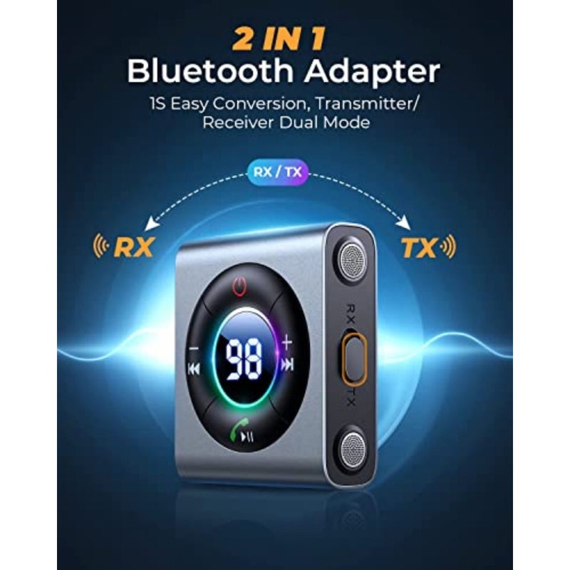 Bluetooth 5.3 Car Adapter, Transmitter Receiver 2 in 1, Enhanced Dual Mics LED Digital Display 3.5mm AUX Adapter, Bluetooth Wireless Adapter for Car Audio/Home Stereo/TV/Airplane/PC/Speaker, Metal - Image 2