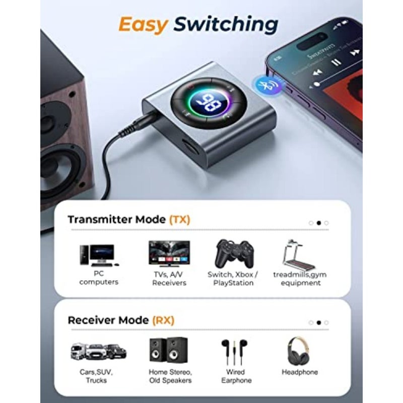 Bluetooth 5.3 Car Adapter, Transmitter Receiver 2 in 1, Enhanced Dual Mics LED Digital Display 3.5mm AUX Adapter, Bluetooth Wireless Adapter for Car Audio/Home Stereo/TV/Airplane/PC/Speaker, Metal - Image 5