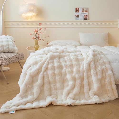 LIFEREVO Luxury Fluffy Faux Rabbit Fur Throw, Plush Fuzzy Bubble Blanket for Couch Sofa, Soft Cute Furry Bed Blanket Home Decoration, Shaggy Ivory Throw for Bedroom Living Room Office, 50x60, Beige - Image 1