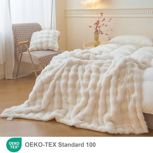 LIFEREVO Luxury Fluffy Faux Rabbit Fur Throw, Plush Fuzzy Bubble Blanket for Couch Sofa, Soft Cute Furry Bed Blanket Home Decoration, Shaggy Ivory Throw for Bedroom Living Room Office, 50x60, Beige - Image 2