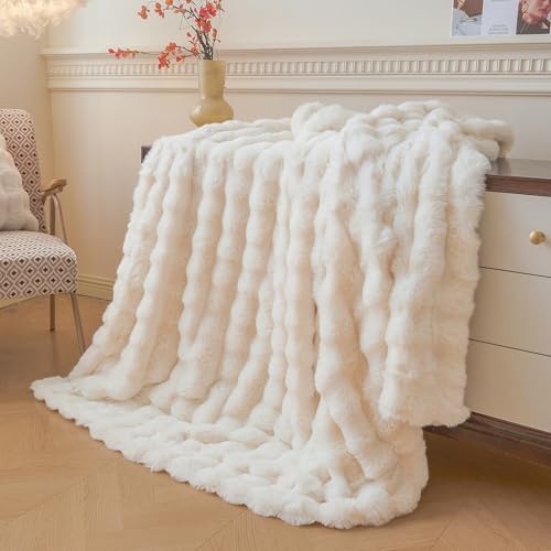 LIFEREVO Luxury Fluffy Faux Rabbit Fur Throw, Plush Fuzzy Bubble Blanket for Couch Sofa, Soft Cute Furry Bed Blanket Home Decoration, Shaggy Ivory Throw for Bedroom Living Room Office, 50x60, Beige - Image 5