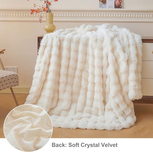 LIFEREVO Luxury Fluffy Faux Rabbit Fur Throw, Plush Fuzzy Bubble Blanket for Couch Sofa, Soft Cute Furry Bed Blanket Home Decoration, Shaggy Ivory Throw for Bedroom Living Room Office, 50x60, Beige - Image 3