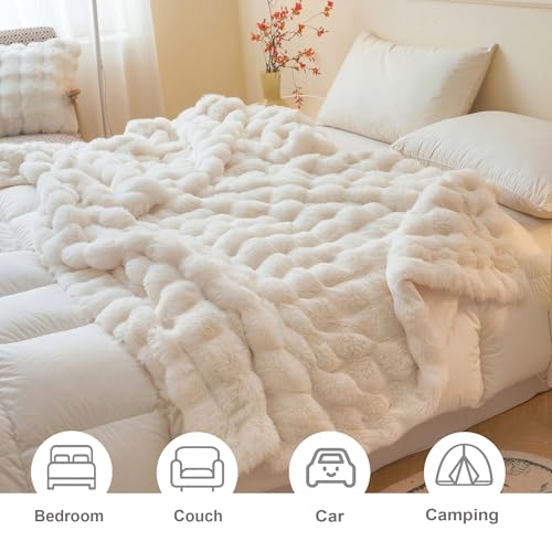 LIFEREVO Luxury Fluffy Faux Rabbit Fur Throw, Plush Fuzzy Bubble Blanket for Couch Sofa, Soft Cute Furry Bed Blanket Home Decoration, Shaggy Ivory Throw for Bedroom Living Room Office, 50x60, Beige - Image 4