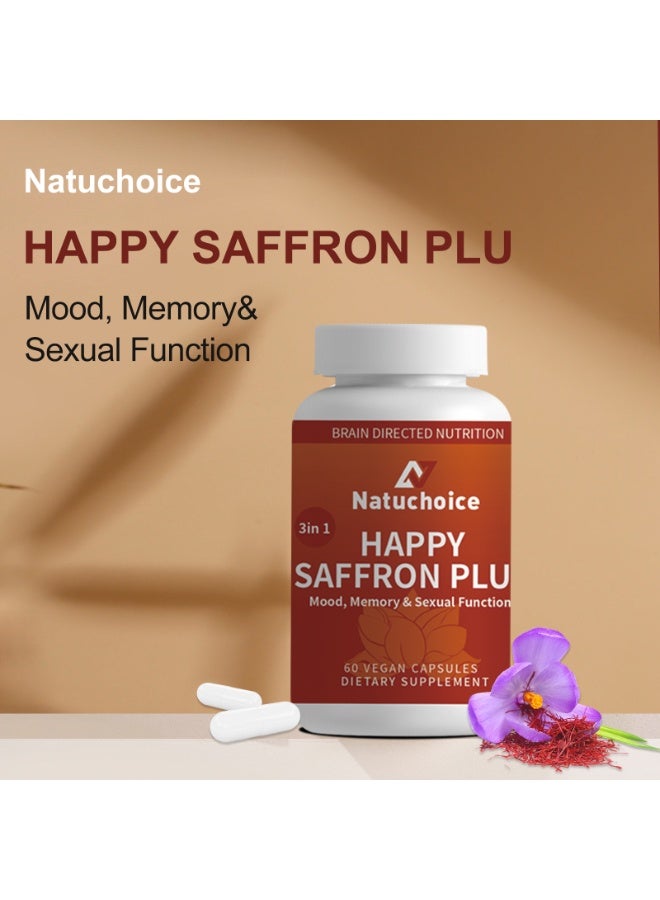Natuchoice Natural Saffron Mood, Memory & Focus Booster | Natuchoice Happy Saffron Plus | 60 Vegan Capsules | Brain & Sexual Health Daily Supplement - Image 1