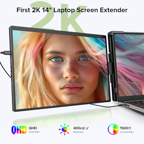 UPERFECT Laptop Screen Extender, 2K 14" 360°Unique Swivel Hinge w/ 180° Automatic Rotation, 2240x1400 QHD IPS Portable Monitor for 14"-17'' Laptops, Plug & Play with Mac, Wins, Dex (Only one Screen) - Image 2