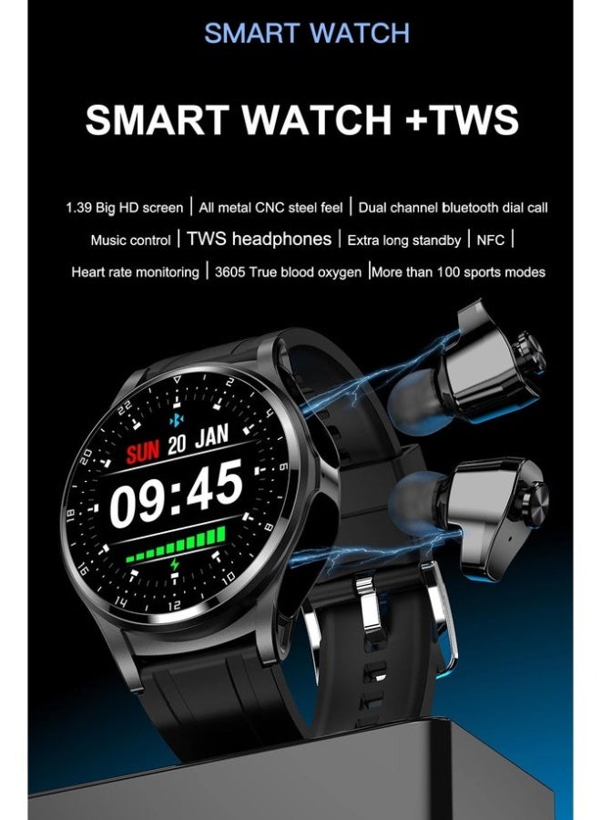 AROAQ GT66 Smart Watch with Wireless Earbuds – 1.39" HD Round Display, Silicone Strap, Heart Rate & SpO2 Tracking, Sleep Monitor, 100+ Sport Modes, Bluetooth Calls, Fitness Tracker , Black - Image 2