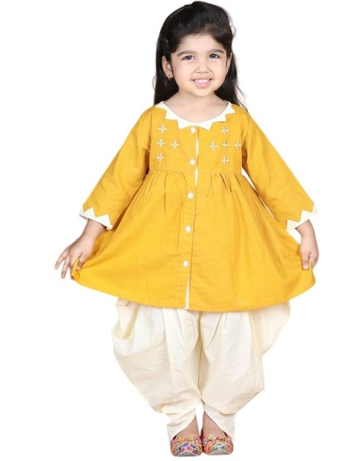 LITTLE GINNIE Kurta Set for Kids Girls 5-6 Years, Cotton, Ethnic Wear For Baby Girl - Mustard - Image 1