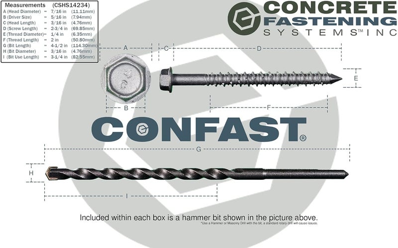 CONFAST 1/4" x 2-3/4" Concrete Screws 410 Stainless Steel Hex with Concrete Drill Bit for Anchoring to Masonry, Block or Brick (50 per Box) - Image 5