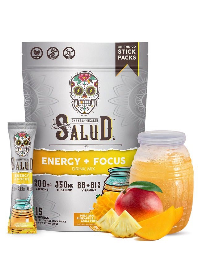 Salud 2-in-1 Energy Drink Powder + Focus, Pineapple Mango, Organic Caffeine, B6 + B12, Theanine, Clean Energy Drink Packets, Agua Fresca Mix, Non-GMO, Gluten Free, Vegan, 1g of Sugar, (15 Servings) - Image 1