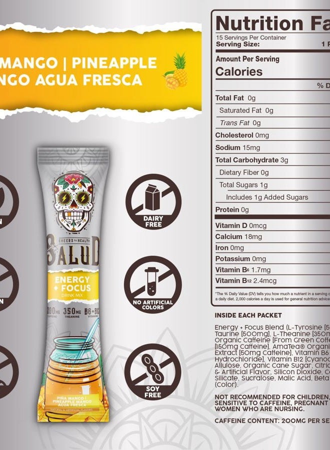 Salud 2-in-1 Energy Drink Powder + Focus, Pineapple Mango, Organic Caffeine, B6 + B12, Theanine, Clean Energy Drink Packets, Agua Fresca Mix, Non-GMO, Gluten Free, Vegan, 1g of Sugar, (15 Servings) - Image 3