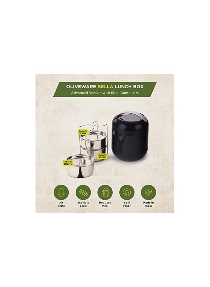 Bella SOPL- Oliveware (logo) with Device Plastic Oliveware Bella Carry Handle Leak Proof Lunch Box with 3 Steel Insulated Container, Complete Meal Hot Case, Black - Image 4