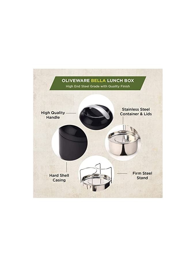 Bella SOPL- Oliveware (logo) with Device Plastic Oliveware Bella Carry Handle Leak Proof Lunch Box with 3 Steel Insulated Container, Complete Meal Hot Case, Black - Image 3