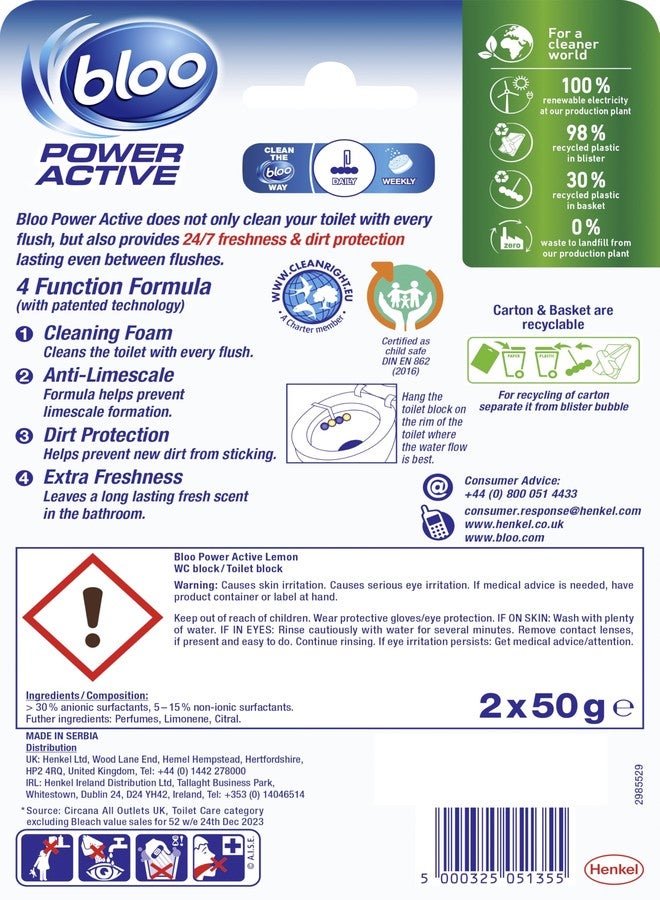 Bloo Solid Toilet Rim Block Power Active Lemon Twin Pack | 4 in 1 Toilet Cleaners with Anti-Limescale, Cleaning Foam, Dirt Protection and Extra Freshness | Twin Value Pack 2x50g Toilet Block - Image 2