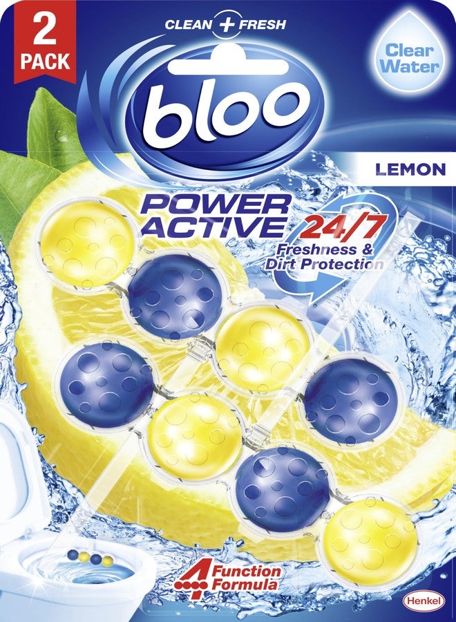 Bloo Solid Toilet Rim Block Power Active Lemon Twin Pack | 4 in 1 Toilet Cleaners with Anti-Limescale, Cleaning Foam, Dirt Protection and Extra Freshness | Twin Value Pack 2x50g Toilet Block - Image 1