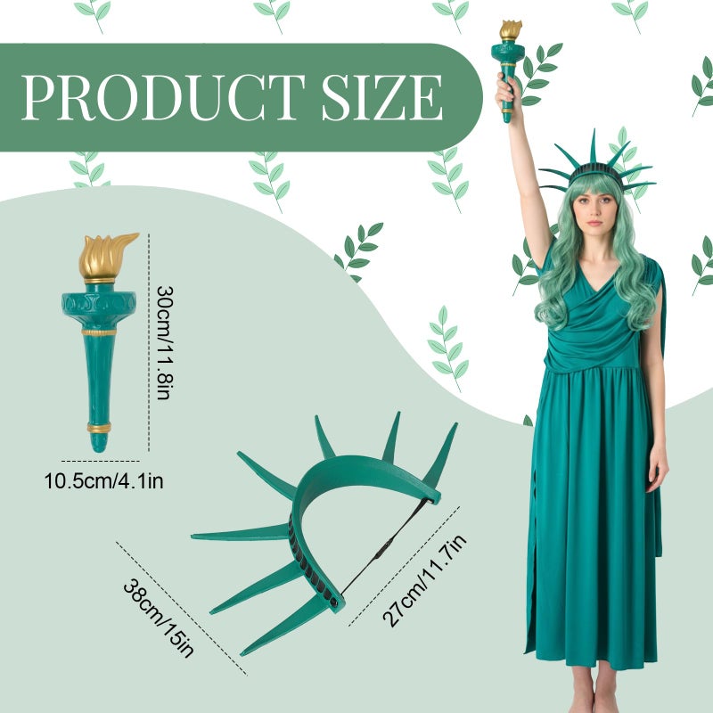 ShinyMatch 4 Piece Statue of Liberty Costume Set with Torch Tiara Green Dress Wig for Women 250th Anniversary Event(Dark Color,XL) - Image 3