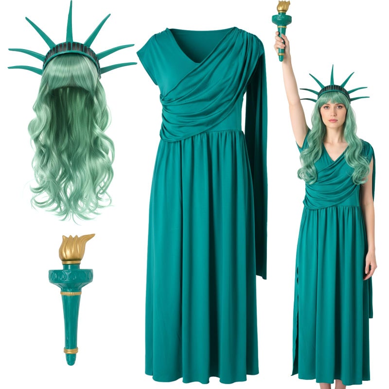ShinyMatch 4 Piece Statue of Liberty Costume Set with Torch Tiara Green Dress Wig for Women 250th Anniversary Event(Dark Color,XL) - Image 1