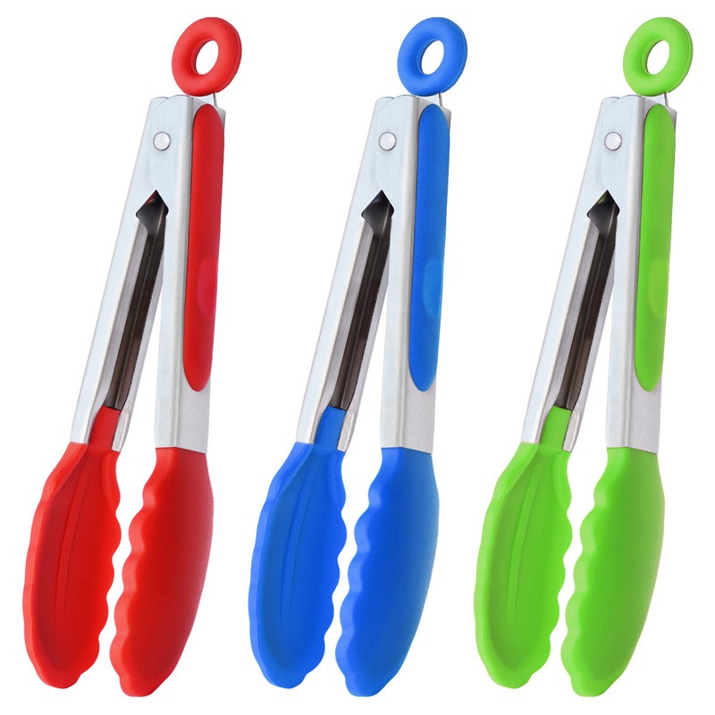 HINMAY Mini Tongs with Silicone Tips 7Inch Serving Tongs Set of 3 Red Blue Green