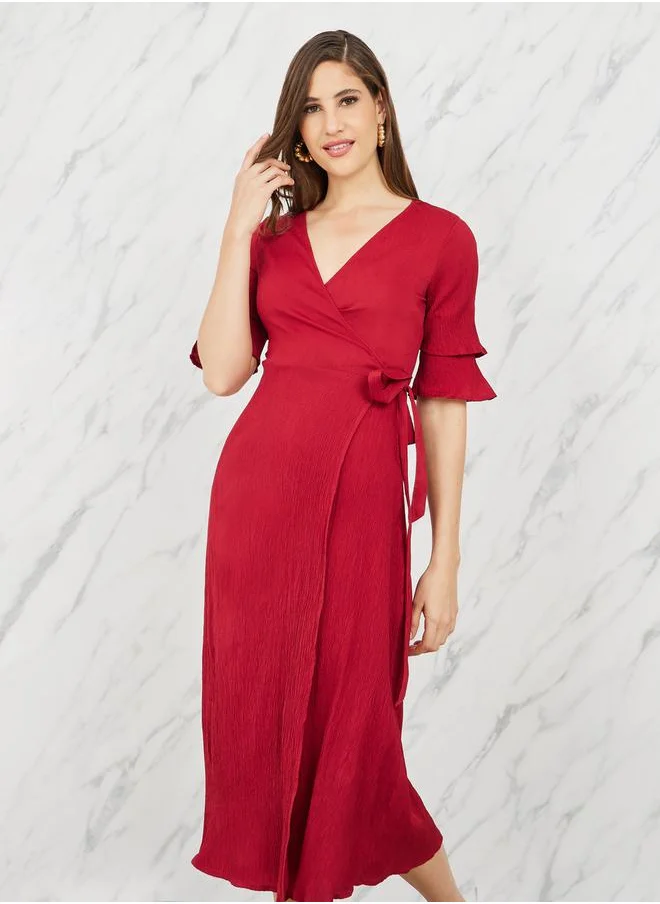 ستايلي Crepe Frill Layer Sleeves Wrap Midi Dress