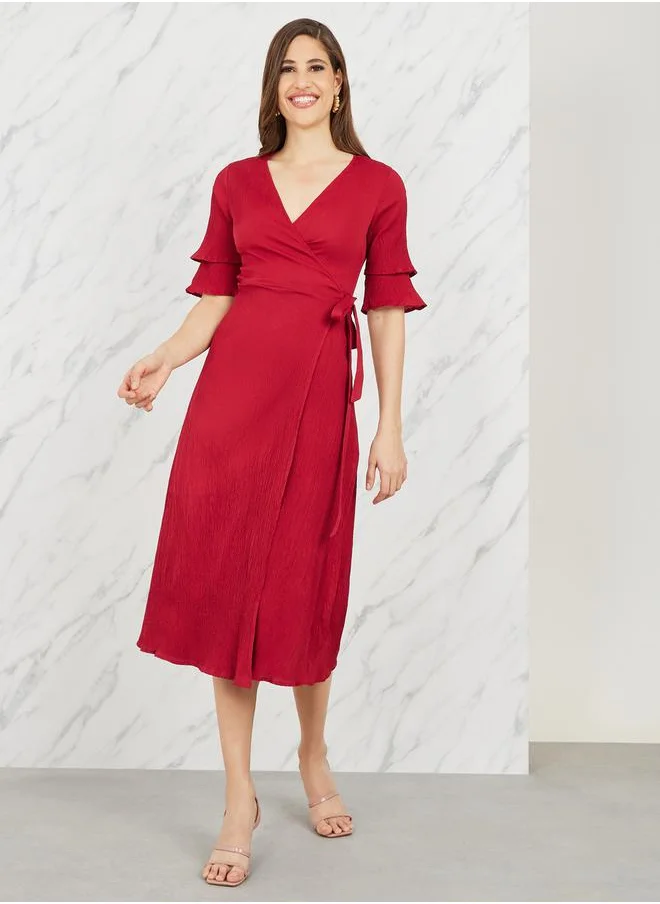 ستايلي Crepe Frill Layer Sleeves Wrap Midi Dress