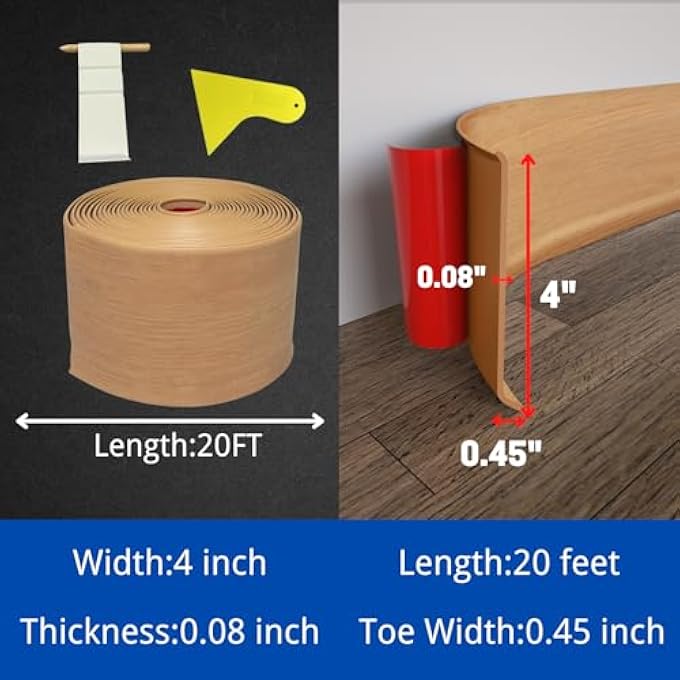 FLEXIBLE BASEBOARD MOLDING TRIM, 4 INCH X 20 FEET SELF-ADHESIVE VINYL WALL BASE COVE BASE, PEEL AND STICK RUBBER WALL BASE MOULDING TRIM(S100, NATURAL WOOD GRAIN) - Image 3