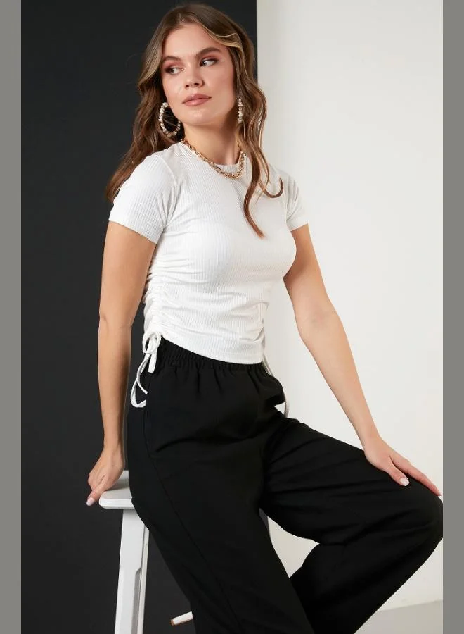 Lela Lela Women's Short-Sleeved Crop Blouse with Side Gathering 5864010