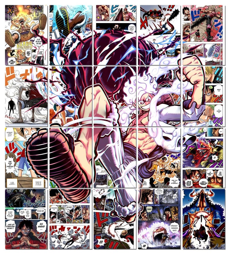 Moment Prints Luffy Colored Manga Collage Poster Set - Set of 20, 210 mm x 297 mm, Self Adhesive, Premium-Quality Posters, 300 GSM Paper, One Piece Posters, Monkey D. Luffy Poster (Luffy Manga) - Glue Dots Included, Cardstock  - Image 1