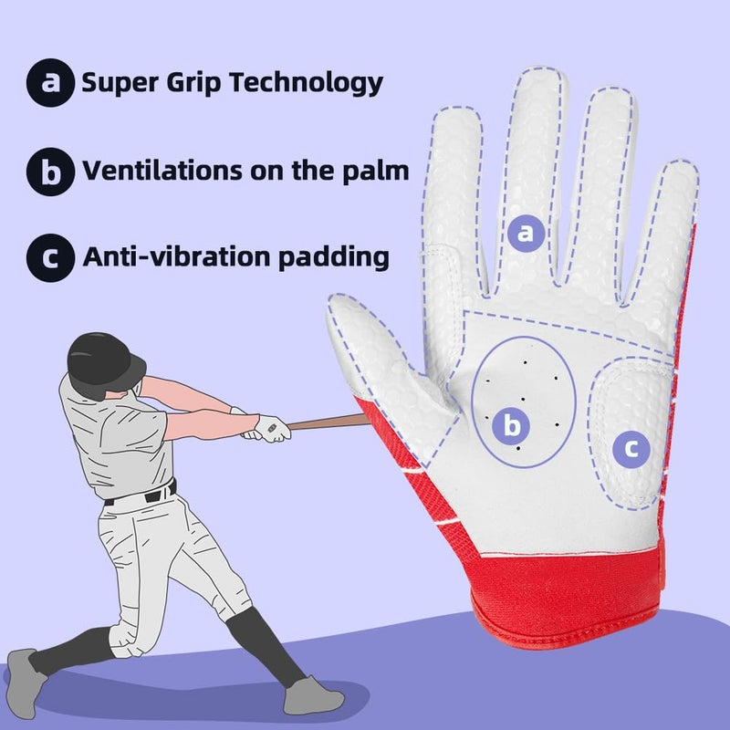 Seibertron B-A-R PRO 2.0 Signature Baseball/Softball Batting Gloves Super Grip Finger Fit for Youth (Red, XL) - Image 3