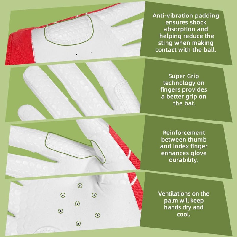 Seibertron B-A-R PRO 2.0 Signature Baseball/Softball Batting Gloves Super Grip Finger Fit for Youth (Red, XL) - Image 4