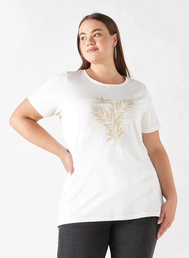 Ulla Popken Plus Size Ulla Popken Embellished T-shirt with Short Sleeves