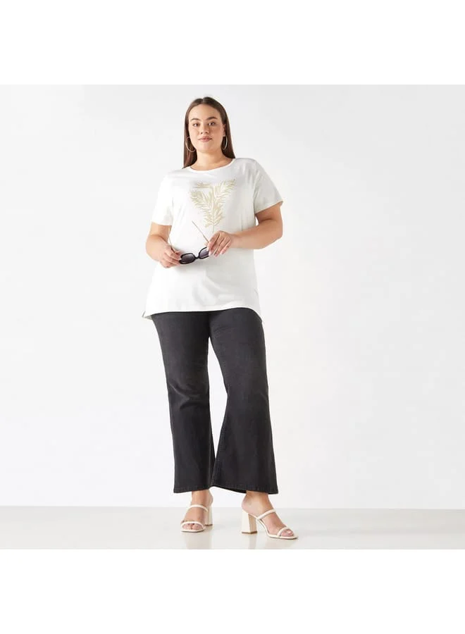 Ulla Popken Plus Size Ulla Popken Embellished T-shirt with Short Sleeves