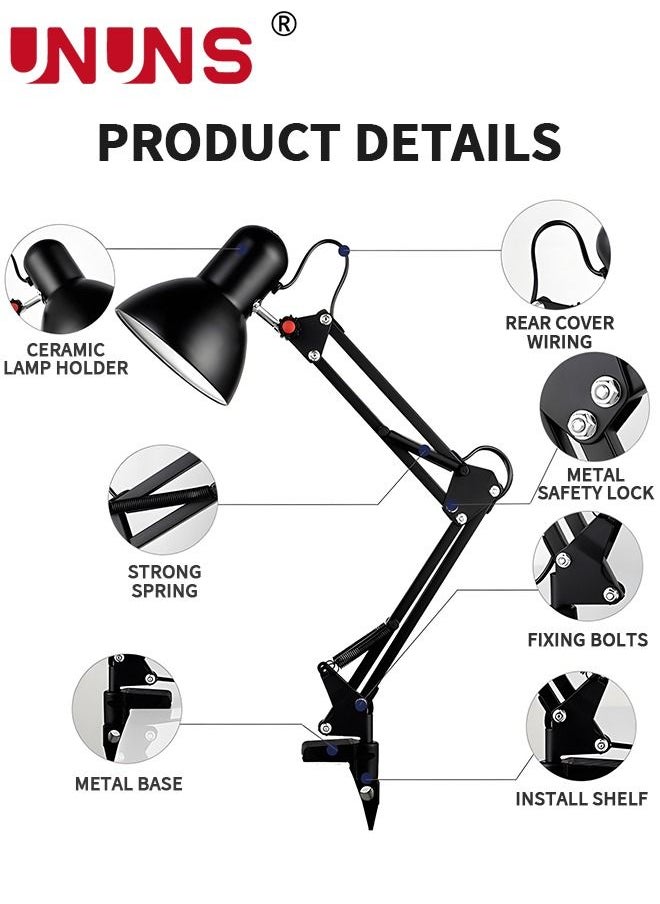 UNUNS - Metal Desk Lamp,Adjustable Gooseneck Table Lamp With Interchangeable Base And Clamp Base,Multi-Joint Swing Arm Desk Lamps For Home Office,Work,Study,Reading,Multi-Joint,Black - Image 1