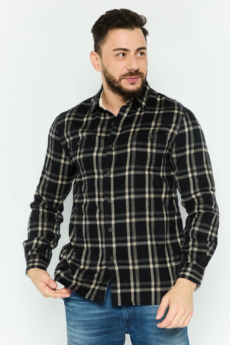 TRUE GRIT Men Regular Fit Checkered  Long Sleeves Casual Shirt, Black - Image 1