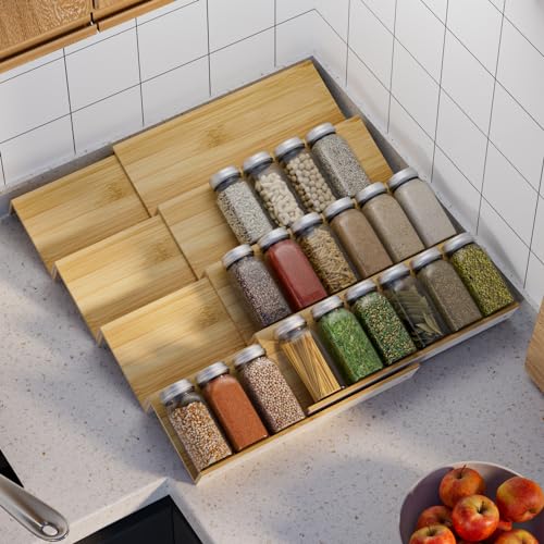 Ketumal Spice Rack Organizer for Drawer, 8pcs Adjustable Expandable Kitchen Spice Rack Organizer, With Non-slip Sticker 8Tiers Bamboo Spice Rack for Drawer, Cabinet, Countertop - Image 4