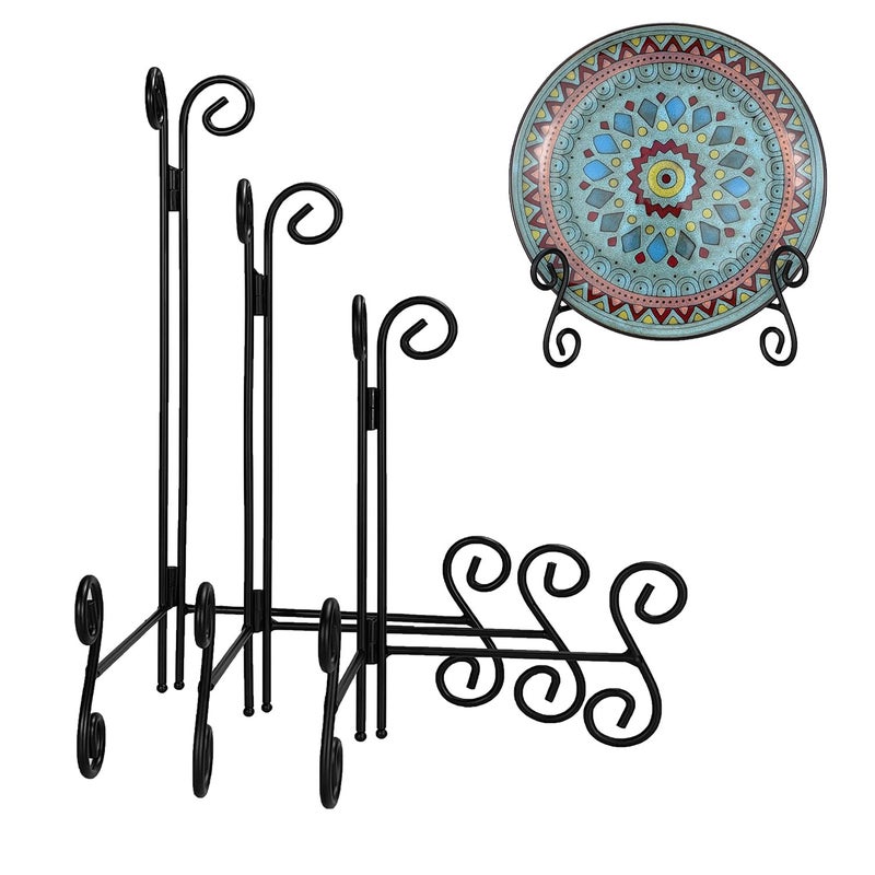 Hemylu Plate Stands For Display  8+10+12 Inch Easel Stand For Decoration  3 Pack Black Metal Plate Holder For Photos  Cookbooks  Albums - Image 1