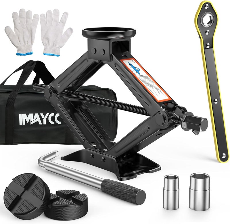 IMAYCC رافعة سيارات 1.5 طن/1500 كجم، رافعة مقصية عالمية للسيارات مع وسادة مطاطية، رافعة عربة محمولة مع مفتاح ربط العجلات، عدة طوارئ للسيارات لسيارات الدفع الرباعي والمتعددة الاستخدامات، مثالية للصيانة والإصلاح - Image 1
