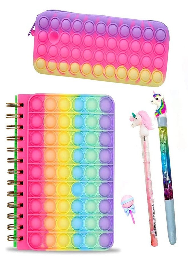 YBN مجموعة هدايا عيد ميلاد YBN مكونة من 5 قطع: دفتر يوميات Pop It Fidget، حقيبة أقلام Pop It، قلم رصاص يونيكورن، قلم رصاص، وممحاة مزخرفة، حقيبة أدوات مدرسية للبنات، مجموعة هدايا تذكارية. - Image 1