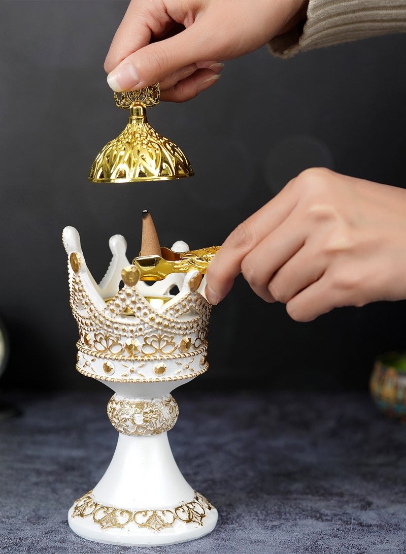 Bakhoor Burner  Frankincense Resin Incense Burner,Gold Pattern Charcoal Incense Burner With Meditation Room,Yoga,Eid Ramadan, Office Living Room ,White  - Image 2