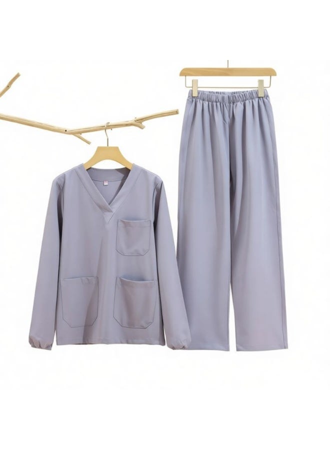 Womens V-Neck Scrubs Set Long Sleeves Top & Pants Soft Fabric Medical Nursing Uniform Light Grey