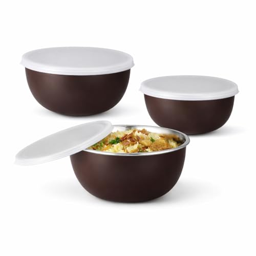 Zaib Stainless Steel Microwave Safe Food Storage Container with Lid | 3 Sizes 500ml 750ml 1250ml | Inner Steel Outer Plastic Bowl Set | Dark Brown | Reheat, Store & Serve Food - Image 1