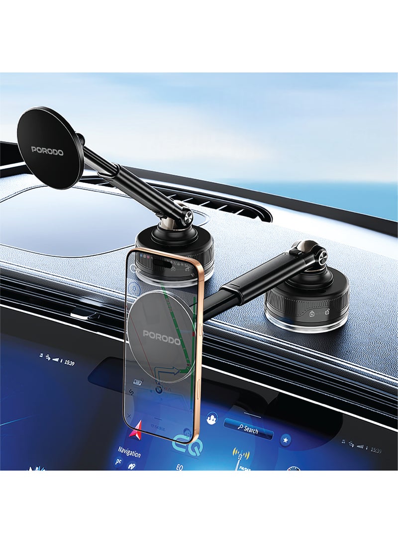 porodo MagExtend MagSafe Phone Holder with Vacuum Suction & Powerful Magnetic Hold / Adjustable Viewing Angle / 185mm Extended Arm / Secure Adhesive Car Mount / Adhesive Base Grip For All Smartphones - Black - Image 2