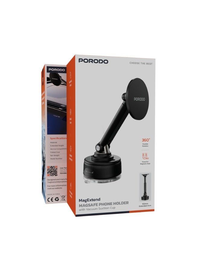 porodo MagExtend MagSafe Phone Holder with Vacuum Suction & Powerful Magnetic Hold / Adjustable Viewing Angle / 185mm Extended Arm / Secure Adhesive Car Mount / Adhesive Base Grip For All Smartphones - Black - Image 4