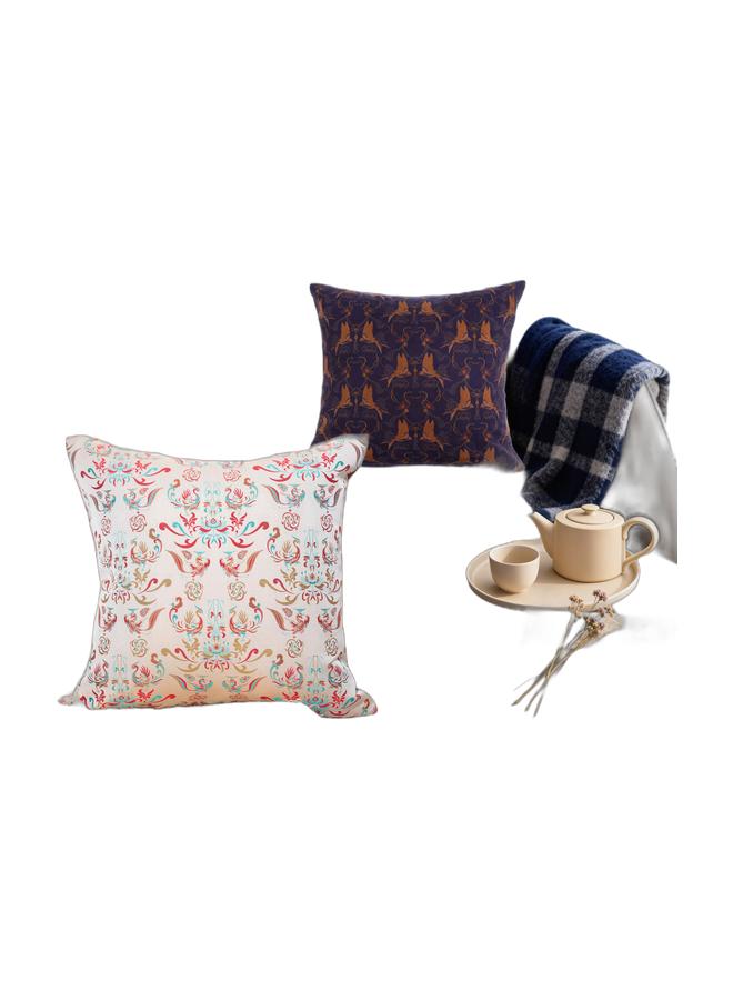 Ivory Embroidered Arabic Style Cushion Cover - Luxury Pillow Cover from Silk Brocade 45x45cm for Majlis, Living Room & Sofa) & 100% Pure Mulberry Silk Pillow Cover in Navy Blue - Exquisite Mythical Bird & Oriental Art Pattern, Luxury for Majlis Decor, 45x45cm Bundle - Image 1