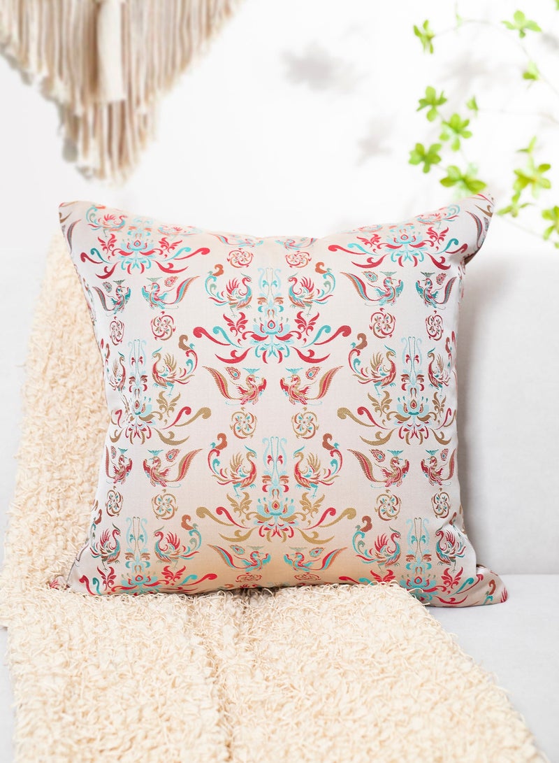 Ivory Embroidered Arabic Style Cushion Cover - Luxury Pillow Cover from Silk Brocade 45x45cm for Majlis, Living Room & Sofa) & 100% Pure Mulberry Silk Pillow Cover in Navy Blue - Exquisite Mythical Bird & Oriental Art Pattern, Luxury for Majlis Decor, 45x45cm Bundle - Image 2