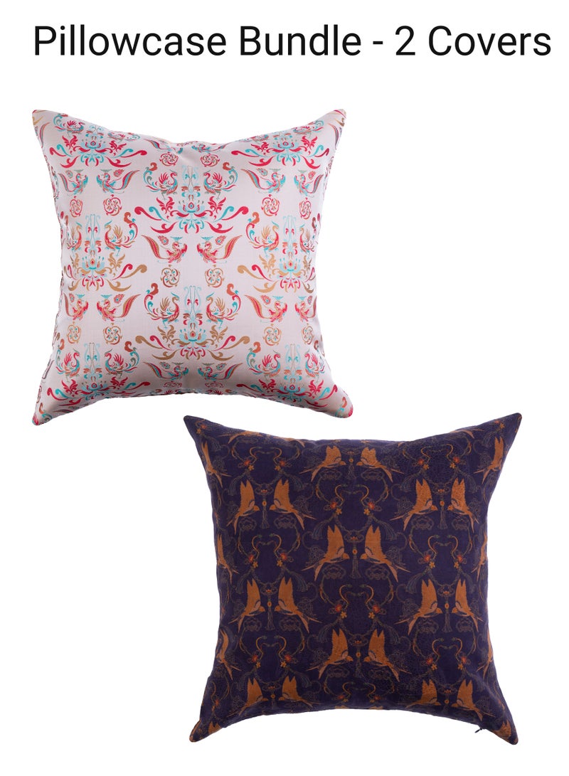 غلاف وسادة حريري مطرز يدوياً بتصميم عربي ٤٥ × ٤٥ سم - غطاء وسادة فاخر من حرير التوت الخالص ١٠٠٪ للمقاعد العربية (المجلس) والصالة والمعيشة - أزرق نيلي وعاجي (عرض مجموعة) - Image 1