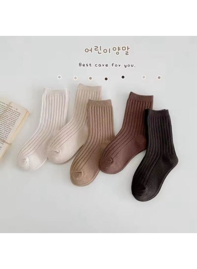 Lion Llama Baby Girl Ribbed Crew Socks Set of 5 Pairs | Soft Cotton Blend Mid-Calf Socks for Toddlers & Kids| Neutral Earth Tone Design